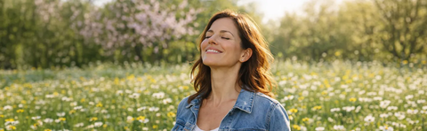 A woman with her eyes closed is standing in a flower-filled meadow, smiling; Image note: AI-assisted content