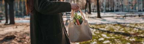 Person trägt eine Stofftasche mit Gemüse durch einen Park; Bildhinweis: KI-gestützter Inhalt