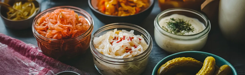 Various fermented foods in bowls and jars; Image note: AI-assisted content