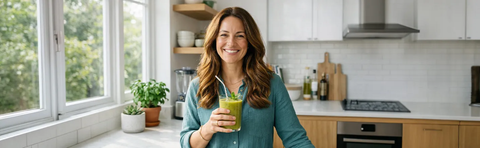A woman is holding a green smoothie in a bright kitchen
