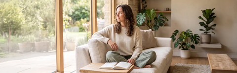 A woman is sitting cross-legged on a sofa in front of floor-to-ceiling windows, with an open book in front of her; Image note: AI-assisted content