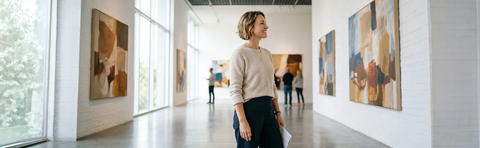 A woman walks through a brightly lit gallery with pictures on the walls; Image note: AI-assisted content