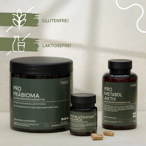 Pro Präbioma, Pro Blutzucker Balance, and Pro Metabol Aktiv, each containing several capsules; features: gluten-free, lactose-free