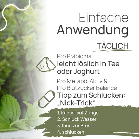 Easy to use, daily: Pro Präbioma dissolves easily in tea or yogurt. Pro Metabol Aktiv and Pro Blutzucker Balance—a tip for swallowing, the “nod trick”: Place the capsule on your tongue, take a sip of water, tilt your chin toward your chest, and swallow.