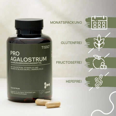 Pro Agalostrum bottle containing several capsules; features: monthly supply, gluten-free, fructose-free, yeast-free