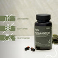 Pro Astaxanthin bottle containing several capsules; features: lactose-free, gluten-free, fructose-free