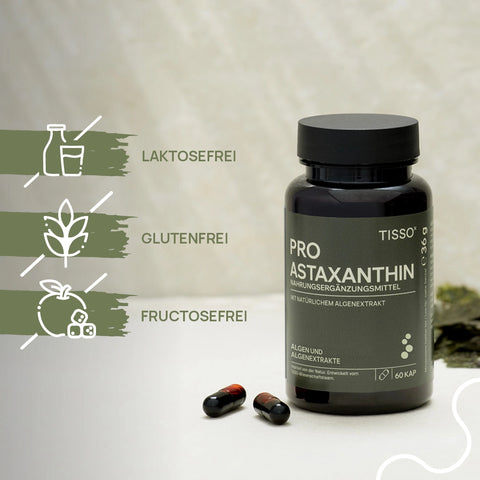 Pro Astaxanthin bottle containing several capsules; features: lactose-free, gluten-free, fructose-free