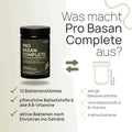 What sets Pro Basan Complete apart? 12 bacterial strains, plant-based fiber, and all 8 B vitamins; active bacteria after stirring into the beverage—conventional product: few bacterial strains, no fiber or B vitamins, inactive bacteria