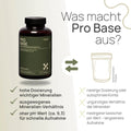 What makes Pro Base unique? High dosage of essential minerals, balanced mineral ratio, high pH value (approx. 9.3) for rapid absorption – conventional product: low dosage or suboptimal combination, unfavorable mineral ratio, lower alkaline pH value, and slower absorption