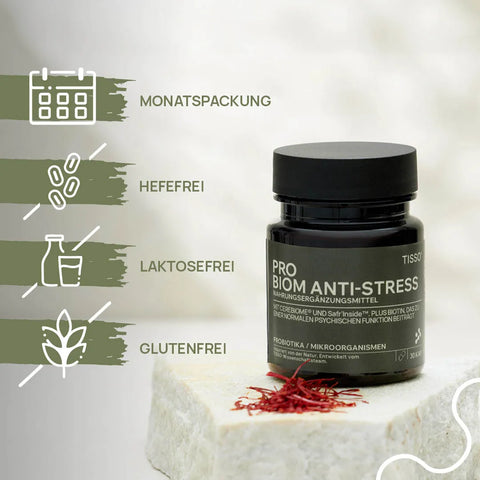 Pro Biom Anti-Stress can next to saffron threads; features: monthly supply, yeast-free, lactose-free, gluten-free