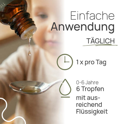 Easy to use: Pro Biom kids—take once a day; for children ages 0 to 6, take 6 drops with plenty of liquid; drops fall from the bottle onto a spoon, with a toddler in the background; Image note: AI-assisted content