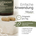 Einfache Anwendung von Pro Blutzucker Balance: 2 Kapseln pro Tag. Tipp zum Schlucken, der „Nick-Trick“: 1. Kapsel auf die Zunge, 2. Schluck Wasser, 3. Kinn zur Brust, 4. schlucken; Bildhinweis: KI-gestützter Inhalt