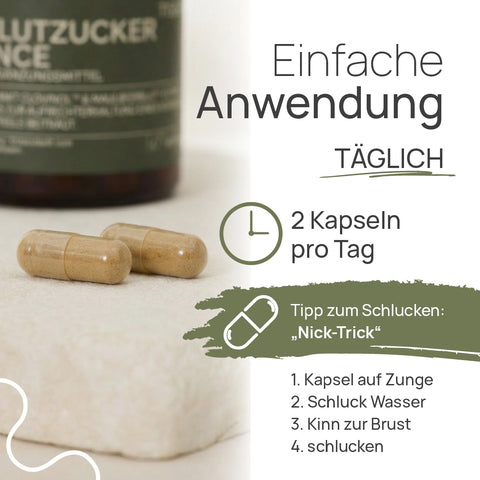 Pro Blutzucker Balance is easy to use: 2 capsules per day. Here’s a tip for swallowing—the “nod trick”: 1. Place the capsule on your tongue, 2. Take a sip of water, 3. Tuck your chin toward your chest, 4. Swallow; Image note: AI-assisted content