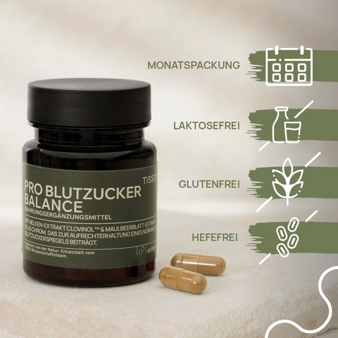 Dose Pro Blutzucker Balance mit einigen Kapseln; Merkmale: Monatspackung, laktosefrei, glutenfrei, hefefrei