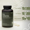 Pro Carnitine bottle containing several capsules; features: lactose-free, gluten-free, fructose-free