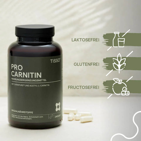 Pro Carnitine bottle containing several capsules; features: lactose-free, gluten-free, fructose-free