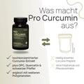 What sets Pro Curcumin apart? Highly concentrated turmeric extract, plus OPC, quercetin, and black pepper, supplemented with additional polyphenols—conventional product: low-dose turmeric supplement, without polyphenols or plant extracts