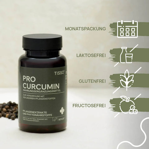 Pro Curcumin bottle next to black peppercorns; features: monthly supply, lactose-free, gluten-free, fructose-free