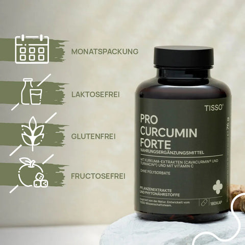 Pro Curcumin Forte bottle; Features: Monthly supply, lactose-free, gluten-free, fructose-free