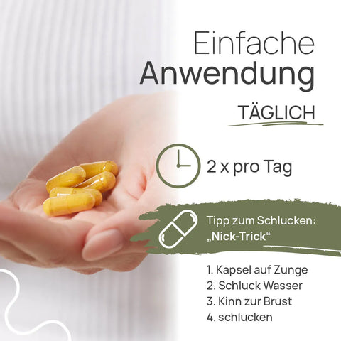 Einfache Anwendung von Pro Curcumin Forte: 2 × pro Tag; Hand mit gelben Kapseln. Tipp zum Schlucken, der „Nick-Trick“: 1. Kapsel auf die Zunge, 2. Schluck Wasser, 3. Kinn zur Brust, 4. schlucken