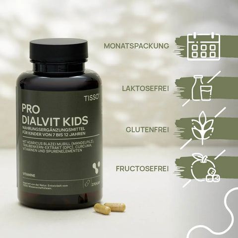 Pro Dialvit kids bottle containing several capsules; features: monthly supply, lactose-free, gluten-free, fructose-free
