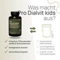 Was macht Pro Dialvit kids aus? Vitamine, Pflanzennährstoffe und Antioxidantien, kindgerecht dosiert, extra kleine Kapseln – herkömmliches Produkt: eingeschränkte Nährstoffvielfalt, nicht kindgerechte Zusammensetzung, zu große, schwer schluckbare Kapseln