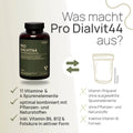 What makes Pro Dialvit44 special? 11 vitamins and 4 trace minerals, optimally combined with plant-based and natural ingredients, including vitamins B6, B12, and folic acid in their active forms – conventional product: vitamin supplement without selected trace minerals, without plant-based and natural ingredients, and containing inactive forms of B vitamins