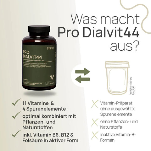 What makes Pro Dialvit44 special? 11 vitamins and 4 trace minerals, optimally combined with plant-based and natural ingredients, including vitamins B6, B12, and folic acid in their active forms – conventional product: vitamin supplement without selected trace minerals, without plant-based and natural ingredients, and containing inactive forms of B vitamins