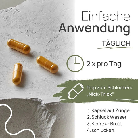 Pro Dialvit44 is easy to use: 2 times a day. A tip for swallowing—the “nod trick”: 1. Place the capsule on your tongue, 2. Take a sip of water, 3. Tuck your chin toward your chest, 4. Swallow