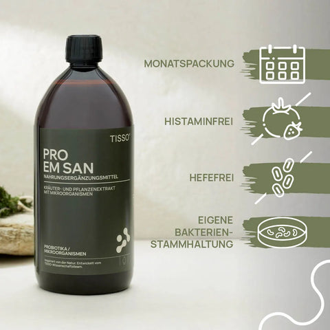 Flasche Pro EM san; Merkmale: Monatspackung, histaminfrei, hefefrei, eigene Bakterien-Stammhaltung