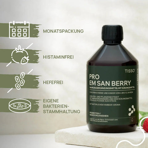 Pro EM san Berry bottle with raspberry; features: monthly supply, histamine-free, yeast-free, contains proprietary bacterial strains