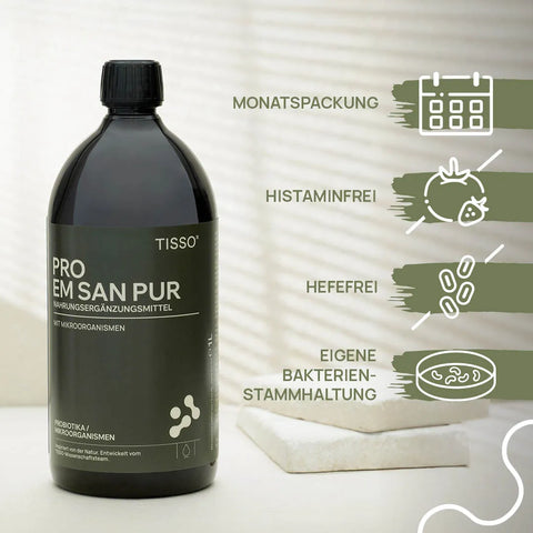 Pro EM san pur bottle; features: monthly supply, histamine-free, yeast-free, proprietary bacterial strain