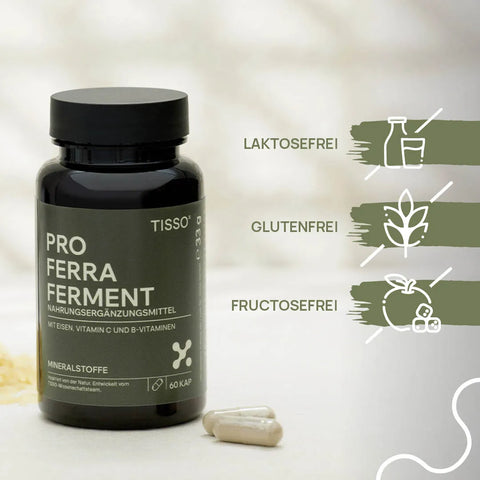 Pro Ferra Ferment, one capsule per dose; features: lactose-free, gluten-free, fructose-free