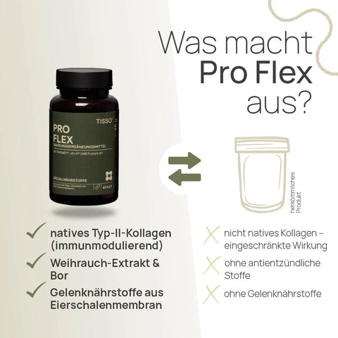 What sets Pro Flex apart? Native Type II collagen (immunomodulatory), frankincense extract, and boron; joint nutrients from eggshell membrane—conventional product: non-native collagen with limited effectiveness, no anti-inflammatory compounds, no joint nutrients