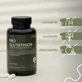 Pro Glutathione bottle containing several capsules; features: lactose-free, gluten-free, fructose-free