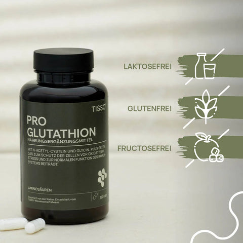 Pro Glutathione bottle containing several capsules; features: lactose-free, gluten-free, fructose-free