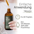 Pro Intest is easy to use: 3 × 30 drops daily, taken undiluted or mixed with water, juice, or fruit puree; use the pipette over the open bottle