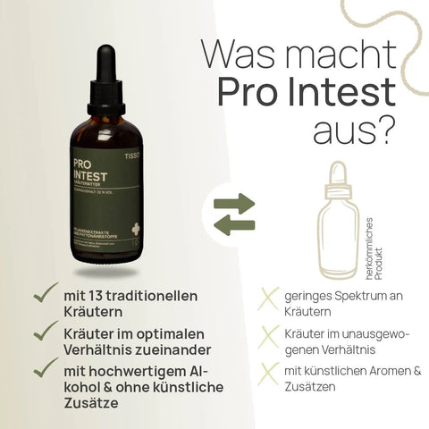 What sets Pro Intest apart? It contains 13 traditional herbs in optimal proportions, high-quality alcohol, and no artificial additives—unlike conventional products, which feature a limited range of herbs in unbalanced proportions, along with artificial flavors and additives.