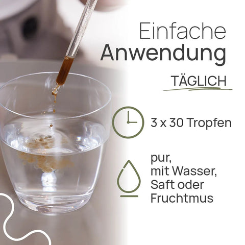 Einfache Anwendung von Pro Intest alkoholfrei: täglich 3 × 30 Tropfen, pur, mit Wasser, Saft oder Fruchtmus; Tropfen fallen aus einer Pipette in ein Glas Wasser
