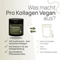 Was macht Pro Kollagen Vegan aus? 100 % pflanzlich – kein tierisches Kollagen, mit Vitamin C für die Kollagenbildung, plus bewährte Pflanzenextrakte – herkömmliches Produkt: tierisches Kollagen, nicht vegan, ohne Vitamin C, ohne Pflanzenextrakte