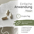 Einfache Anwendung von Pro Krypto Balance: 2 × pro Tag. Tipp zum Schlucken, der „Nick-Trick“: 1. Kapsel auf die Zunge, 2. Schluck Wasser, 3. Kinn zur Brust, 4. schlucken