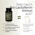 Was macht Pro Lactoferrin Immun aus? Hochdosiertes und hochreines Lactoferrin, mit Vitamin C für Abwehr und Eisenstoffwechsel, magensaftresistente Kapseln – herkömmliches Produkt: gering dosiertes und nicht oder wenig aufgereinigtes Lactoferrin, ohne Vitamin C, nicht magensaftresistente Kapseln