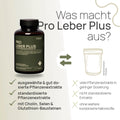 Was macht Pro Leber Plus aus? Ausgewählte und gut dosierte Pflanzenextrakte, standardisierte Pflanzenextrakte, mit Cholin, Selen und Glutathion-Bausteinen – herkömmliches Produkt: viele Pflanzenextrakte in geringer Dosierung, nicht standardisierte Extrakte, ohne weitere kombinierte Nährstoffe