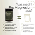 Was macht Pro Magnesium aus? Hoch bioverfügbarer Magnesium-Mix, gut verträglich – ohne Magnesiumcitrat, geschmacksneutral – herkömmliches Produkt: schlecht bioverfügbares Magnesium, oft mit Magnesiumcitrat, ggf. schlecht verträglich, mit künstlichen Aromen und Süßstoffen