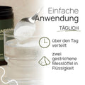 Einfache Anwendung von Pro Magnesium: über den Tag verteilt zwei gestrichene Messlöffel in Flüssigkeit; Löffel mit Pulver über einem Glas Wasser