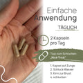 Einfache Anwendung von Pro Melatonin Depot: 2 Kapseln pro Tag; offene Hand mit Kapseln. Tipp zum Schlucken, der „Nick-Trick“: 1. Kapsel auf die Zunge, 2. Schluck Wasser, 3. Kinn zur Brust, 4. schlucken