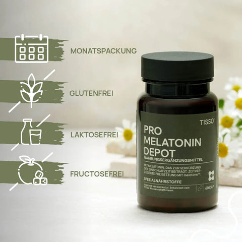 Dose Pro Melatonin Depot vor Kamillenblüten; Merkmale: Monatspackung, glutenfrei, laktosefrei, fructosefrei