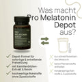 Was macht Pro Melatonin Depot aus? Depot-Formel für sofortige und anhaltende Freisetzung, mit Kamillenblüten-Extrakt und Reishi, hochwertige Rohstoffe ohne Zusatzstoffe – herkömmliches Produkt: nur schnell freisetzendes Melatonin, keine Pflanzenstoffe enthalten, minderwertige Rohstoffe und Zusatzstoffe