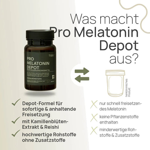 Was macht Pro Melatonin Depot aus? Depot-Formel für sofortige und anhaltende Freisetzung, mit Kamillenblüten-Extrakt und Reishi, hochwertige Rohstoffe ohne Zusatzstoffe – herkömmliches Produkt: nur schnell freisetzendes Melatonin, keine Pflanzenstoffe enthalten, minderwertige Rohstoffe und Zusatzstoffe
