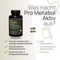 Was macht Pro Metabol Aktiv aus? Premium-Kombination hochwertiger Markenrohstoffe, standardisierte Pflanzenextrakte, Cholin für Fett- und Energiestoffwechsel – herkömmliches Produkt: keine Markenrohstoffe, nicht standardisierte Pflanzenextrakte, ohne Cholin